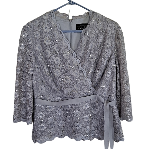 Alex Evenings Tops - Petite Alex Evenings purple v neck bedazzled lace tie waist top/blouse